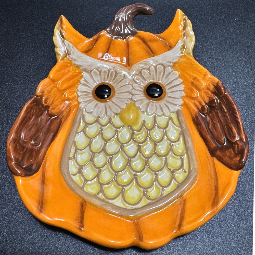 Cracker Barrel Pumpkin Owl Plate Fall Harvest Halloween Thanksgiving Stoneware